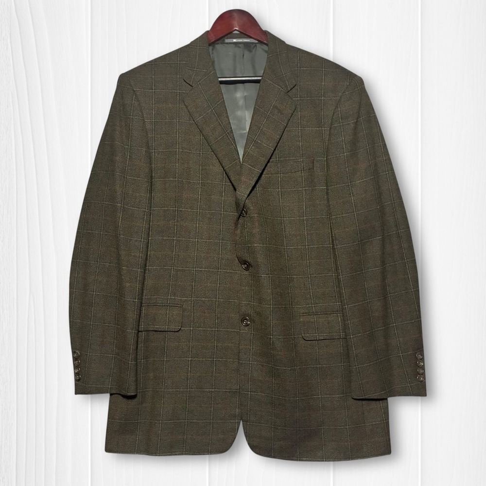 Hickey Freeman Wool Cashmere Madison Windowpane Plaid Blazer Mens‎ 44L Brown